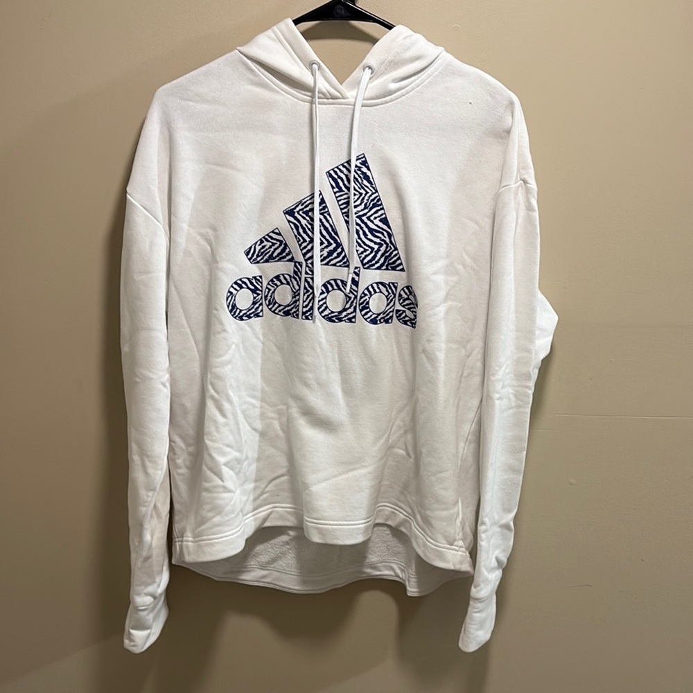 Adidas White Hoodie with Patterned Blue Logo